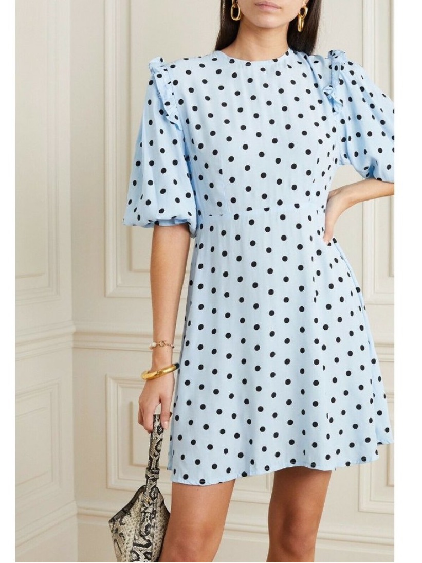 Clearance!! Edwina Sylvie Polka Dot Baby Blue Mini Dress Ruffled Sleeves
